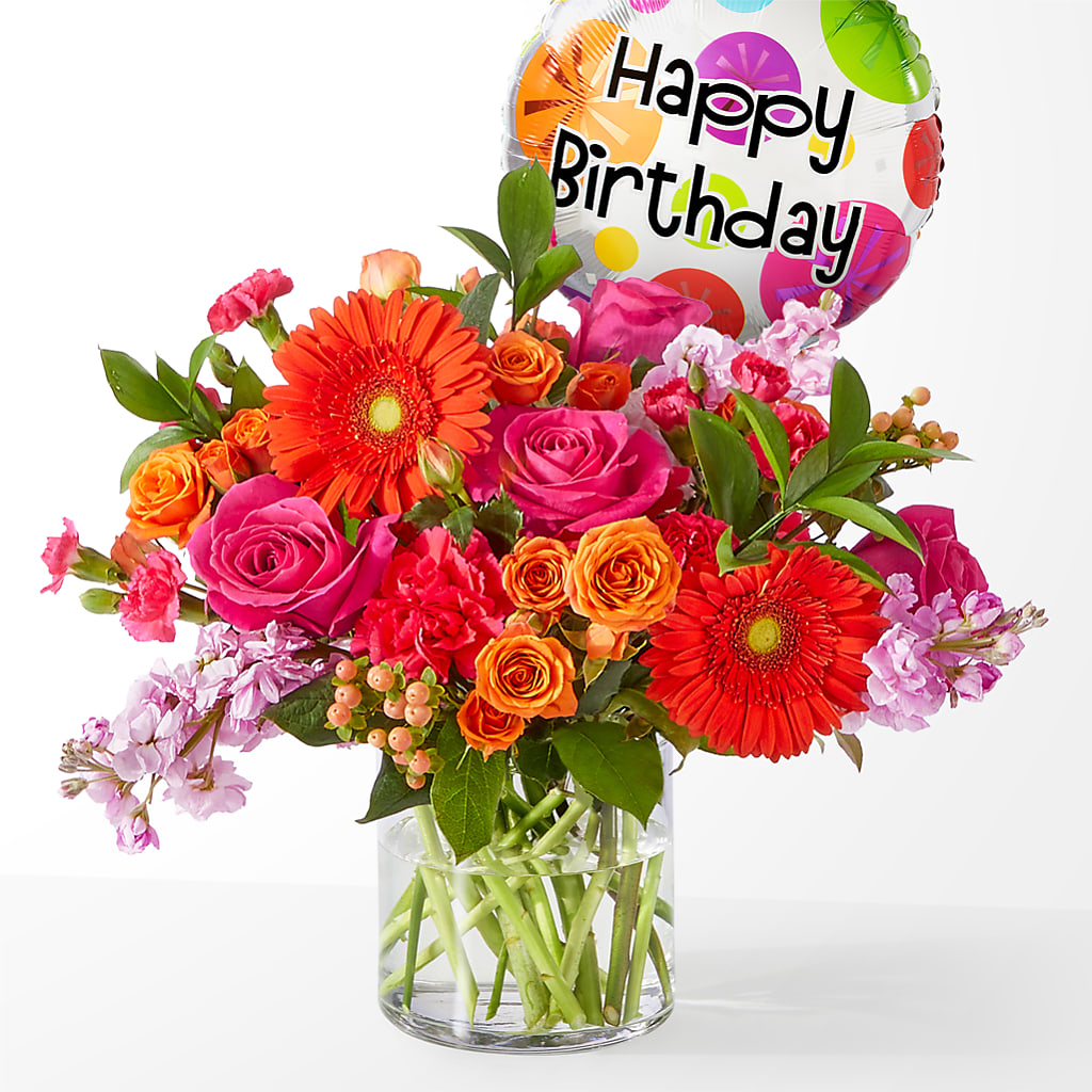 Fiesta Bouquet with Birthday Balloon – GOOSEBERRIES FLOWER SHOP BY BERKOT'S, Twin Lakes WI