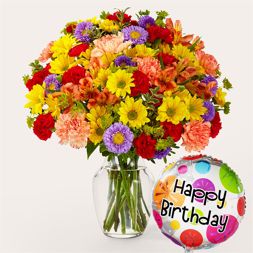 Kaleidoscope Bouquet with Birthday Balloon – GOOSEBERRIES FLOWER SHOP BY BERKOT'S, Twin Lakes WI