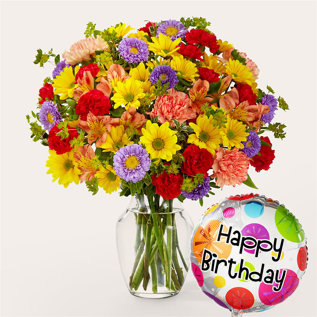 Kaleidoscope Bouquet with Birthday Balloon – GOOSEBERRIES FLOWER SHOP BY BERKOT'S, Twin Lakes WI