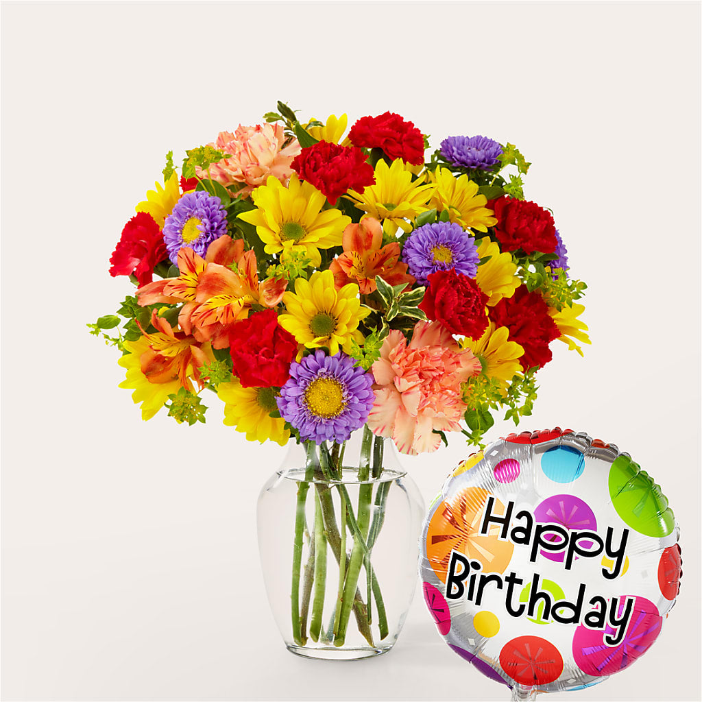 Kaleidoscope Bouquet with Birthday Balloon – GOOSEBERRIES FLOWER SHOP BY BERKOT'S, Twin Lakes WI