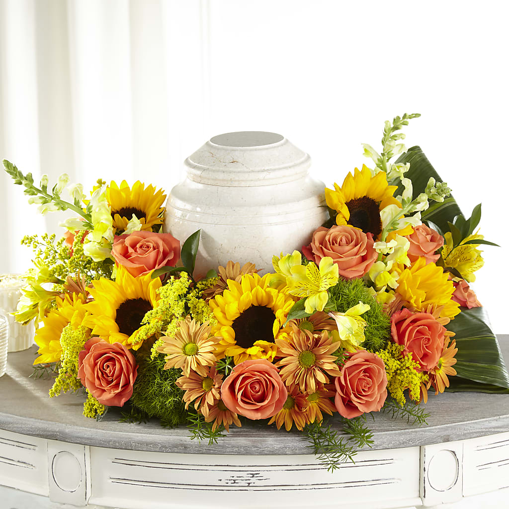 Faithful Sunflower Cremation Adornment – GOOSEBERRIES FLOWER SHOP BY BERKOT'S, Twin Lakes WI