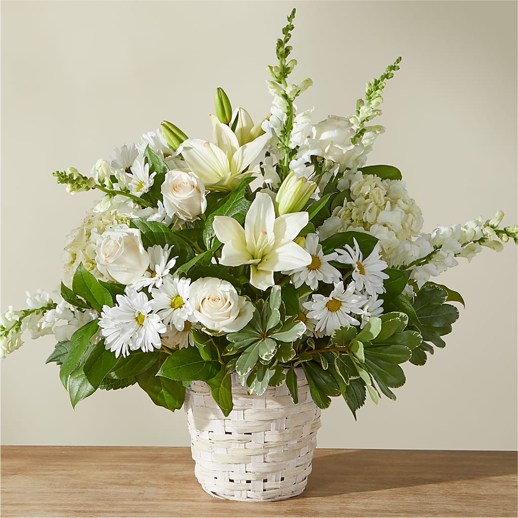 Ivory Elegance Floral Basket – GOOSEBERRIES FLOWER SHOP BY BERKOT'S, Twin Lakes WI