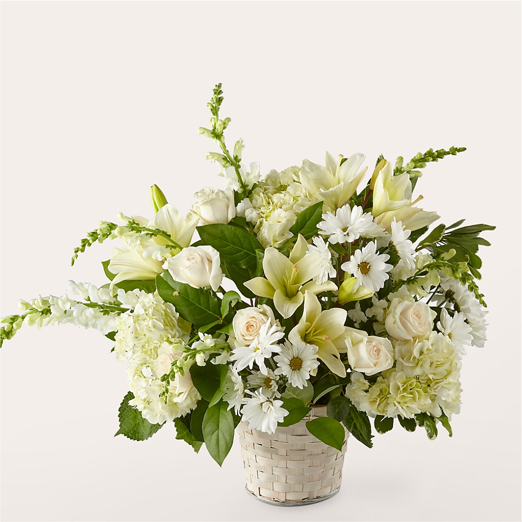 Ivory Elegance Floral Basket – GOOSEBERRIES FLOWER SHOP BY BERKOT'S, Twin Lakes WI