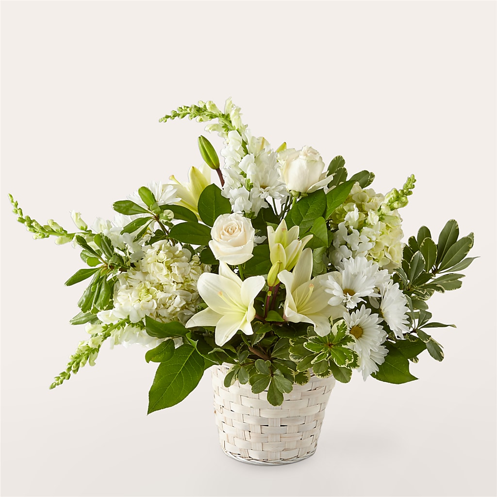 Ivory Elegance Floral Basket – GOOSEBERRIES FLOWER SHOP BY BERKOT'S, Twin Lakes WI