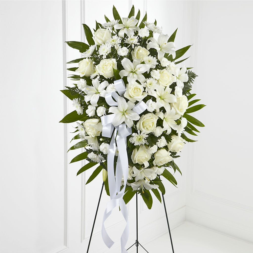 Exquisite Tribute Standing Spray-White Ribbon – GOOSEBERRIES FLOWER SHOP BY BERKOT'S, Twin Lakes WI