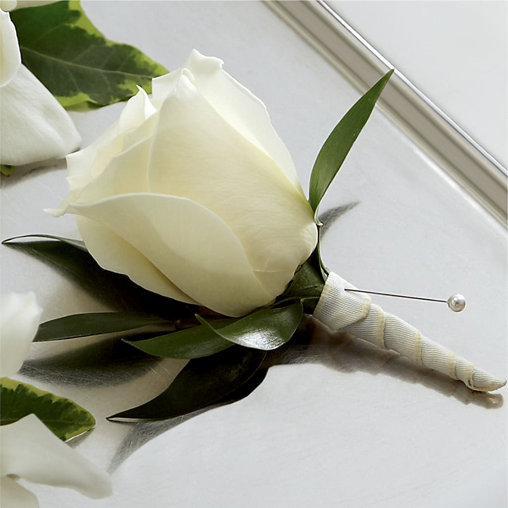 White Rose Boutonniere – GOOSEBERRIES FLOWER SHOP BY BERKOT'S, Twin Lakes WI