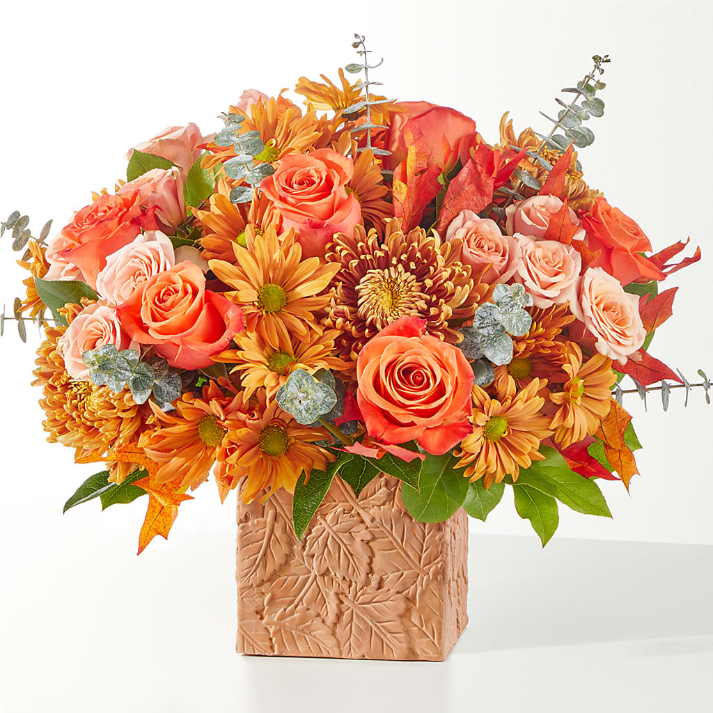 Scenic Route Bouquet – bronze, orange, peach flower arrangement