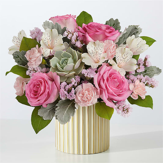 Dusty Rose Bouquet with Ivory Vase – GOOSEBERRIES FLOWER SHOP BY BERKOT'S, Twin Lakes WI
