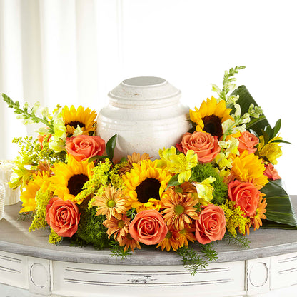 Faithful Sunflower Cremation Adornment – GOOSEBERRIES FLOWER SHOP BY BERKOT'S, Twin Lakes WI