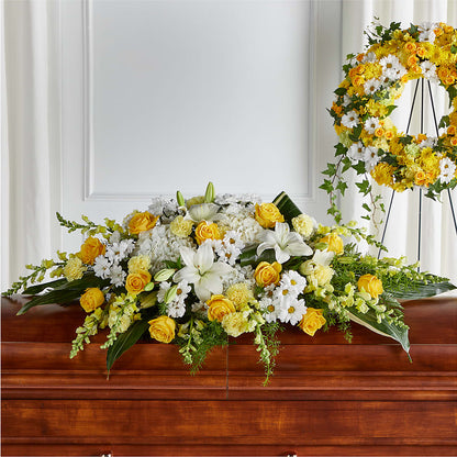 Golden Harmony Casket Spray – GOOSEBERRIES FLOWER SHOP BY BERKOT'S, Twin Lakes WI