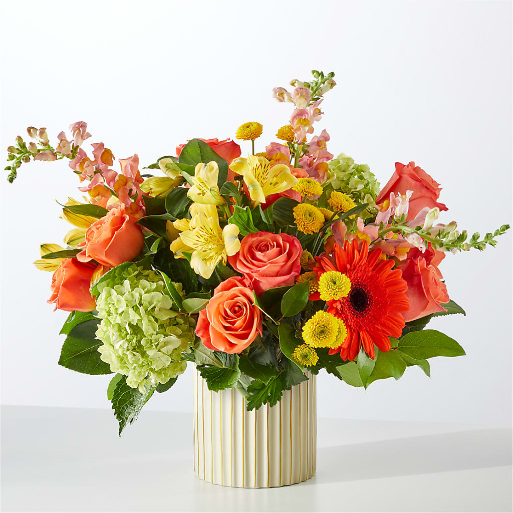 Autumn Sunshine Bouquet with Ivory Vase – GOOSEBERRIES FLOWER SHOP BY BERKOT'S, Twin Lakes WI