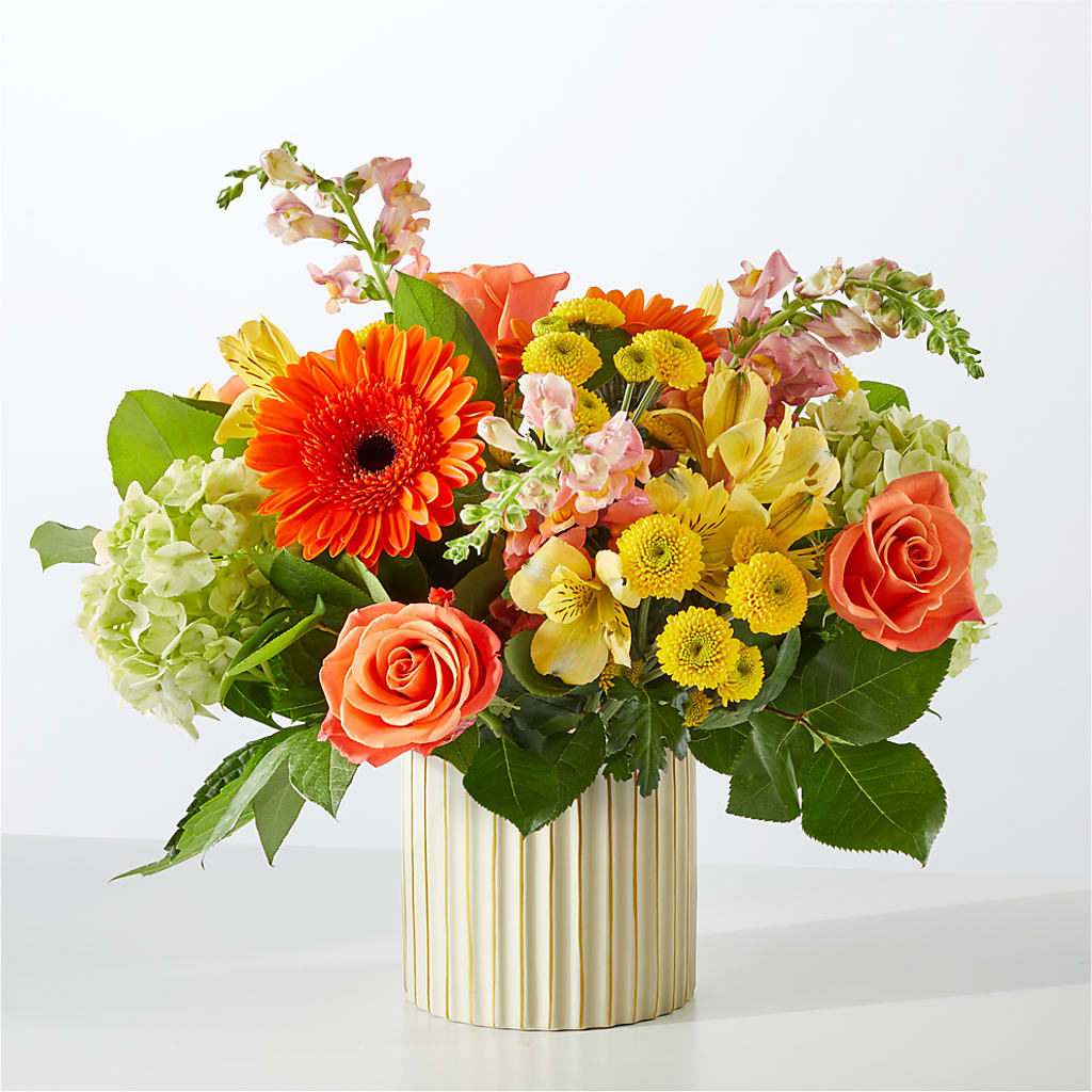 Autumn Sunshine Bouquet with Ivory Vase – GOOSEBERRIES FLOWER SHOP BY BERKOT'S, Twin Lakes WI