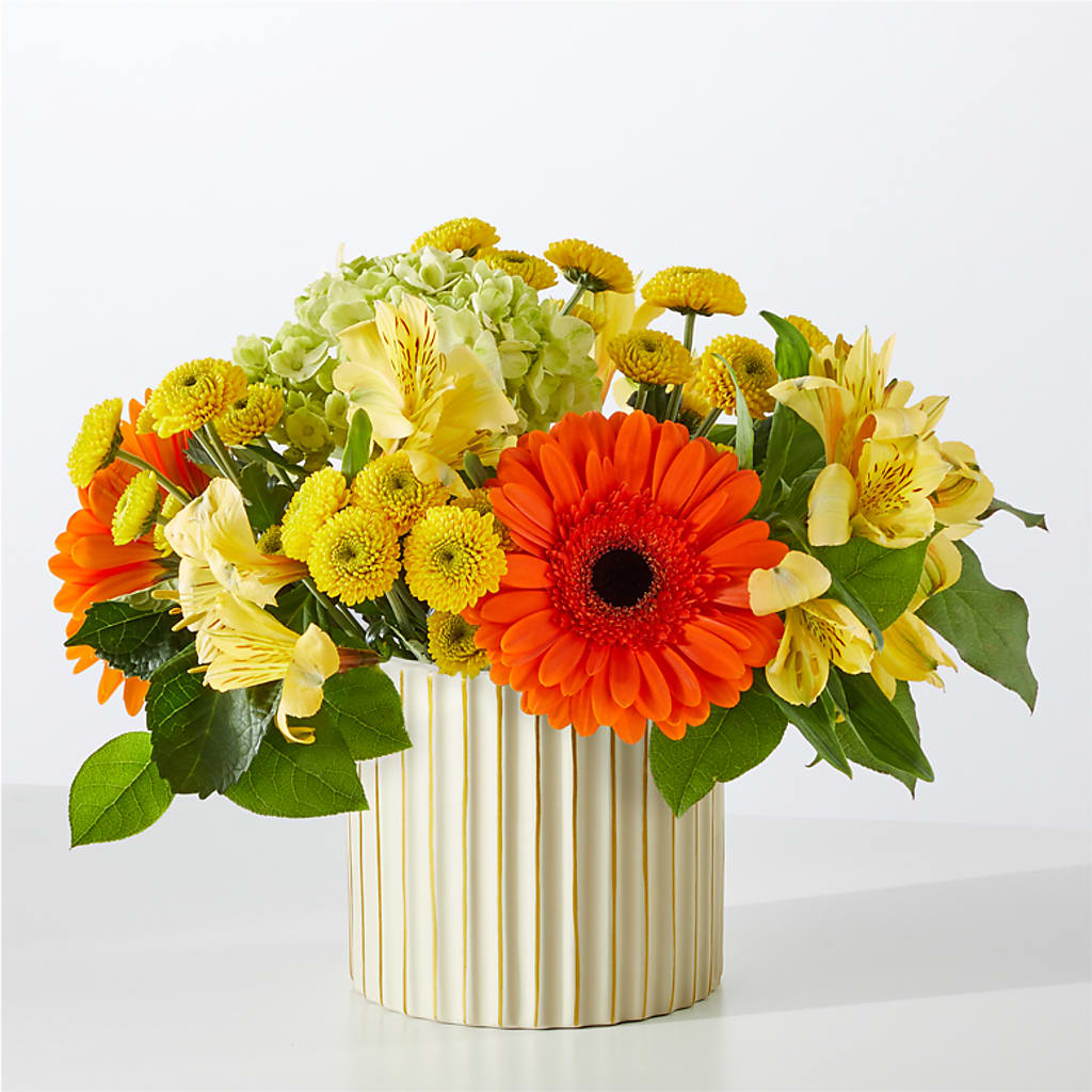 Autumn Sunshine Bouquet with Ivory Vase – GOOSEBERRIES FLOWER SHOP BY BERKOT'S, Twin Lakes WI