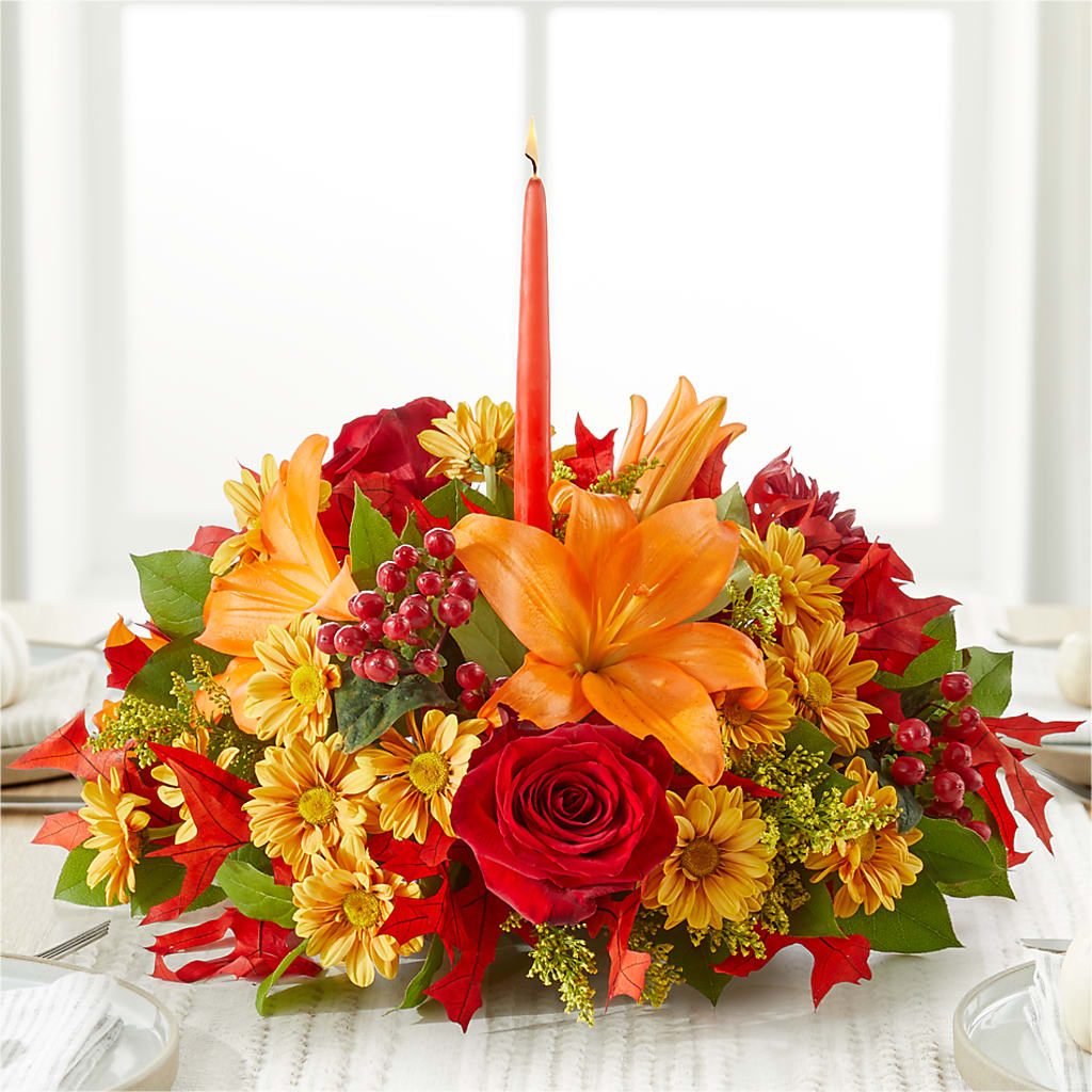 Autumn's Embrace Centerpiece – GOOSEBERRIES FLOWER SHOP BY BERKOT'S, Twin Lakes WI