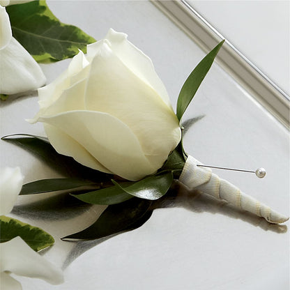 White Rose Boutonniere – GOOSEBERRIES FLOWER SHOP BY BERKOT'S, Twin Lakes WI